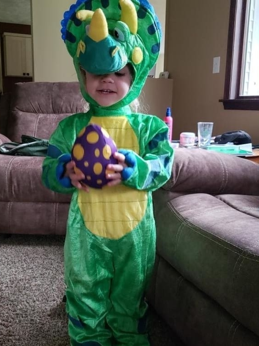 Green Triceratops Kids Costume with Yellow Belly